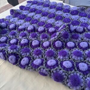 Handmade Crochet Wool 3D Puff Flower Lap Blanket Purple Lavender Throw 26x33